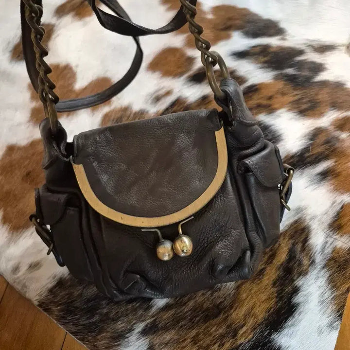 [BUNJANG] Genuine Leather Frame Crossbody Bag - Brown / 양가죽 프레임 크로스백 브라운
