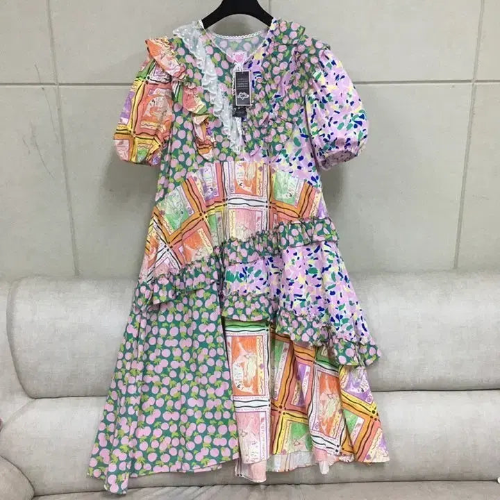 [BUNJANG] LAMODA Pattern Mix Puff Sleeve Ruffle Long Dress / (새상품)LAMODA 패턴 믹스 퍼프소매 캉캉 롱원피스