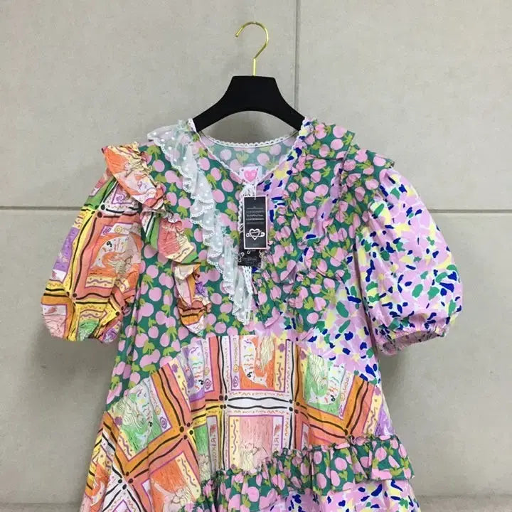 [BUNJANG] LAMODA Pattern Mix Puff Sleeve Ruffle Long Dress / (새상품)LAMODA 패턴 믹스 퍼프소매 캉캉 롱원피스