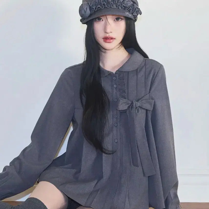 [BUNJANG] Illi Go Ribbon Pleats Blouse - Grey / 일리고 리본 플리츠 블라우스 그레이