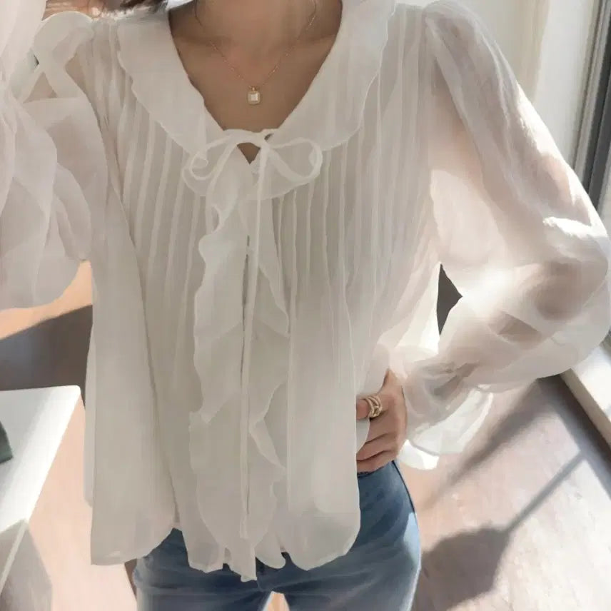 [BUNJANG] Ribbon Frill Chiffon Blouse - White / 리본 프릴 블라우스 화이트 쉬폰
