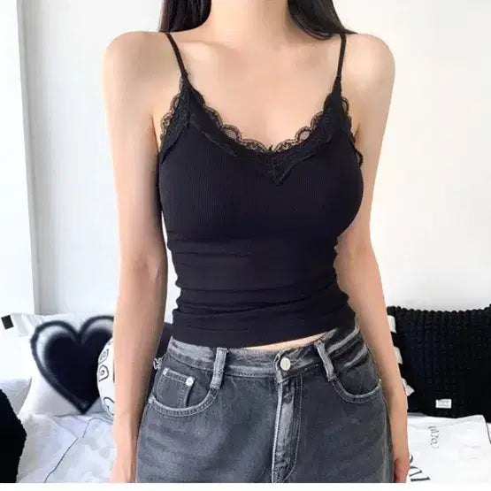 [BUNJANG] Built-in Bra Ribbed Cropped Camisole / 캡내장브이넥 레이스 골지 크롭 캡나시