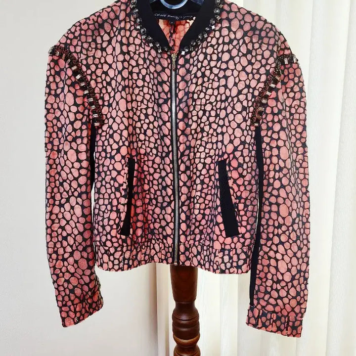 [BUNJANG] Objet Orange Leopard Silk Lined Beaded Mesh Summer Jacket 44 / 오브제 실크100안감 비즈장식 망사 오렌지레오파드 여름점퍼 44 상태최상