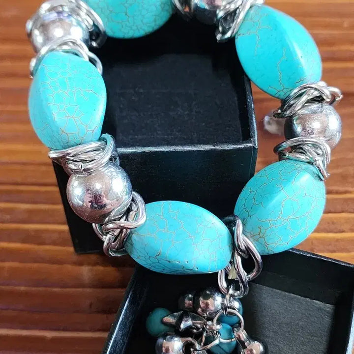 [BUNJANG] Bold Turquoise Shape &amp; Silver Plated Ball Bracelet / 볼드한 터키석 모양 &amp; 실버 도금 볼 팔찌