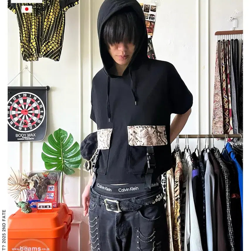 [BUNJANG] Chulatte Japanese Vintage Python Buckle Double Pocket Half Sleeve Hoodie T-Shirt / Chulatte 일본 빈티지 파이톤 버클 더블 포켓 반팔 후드 티셔츠