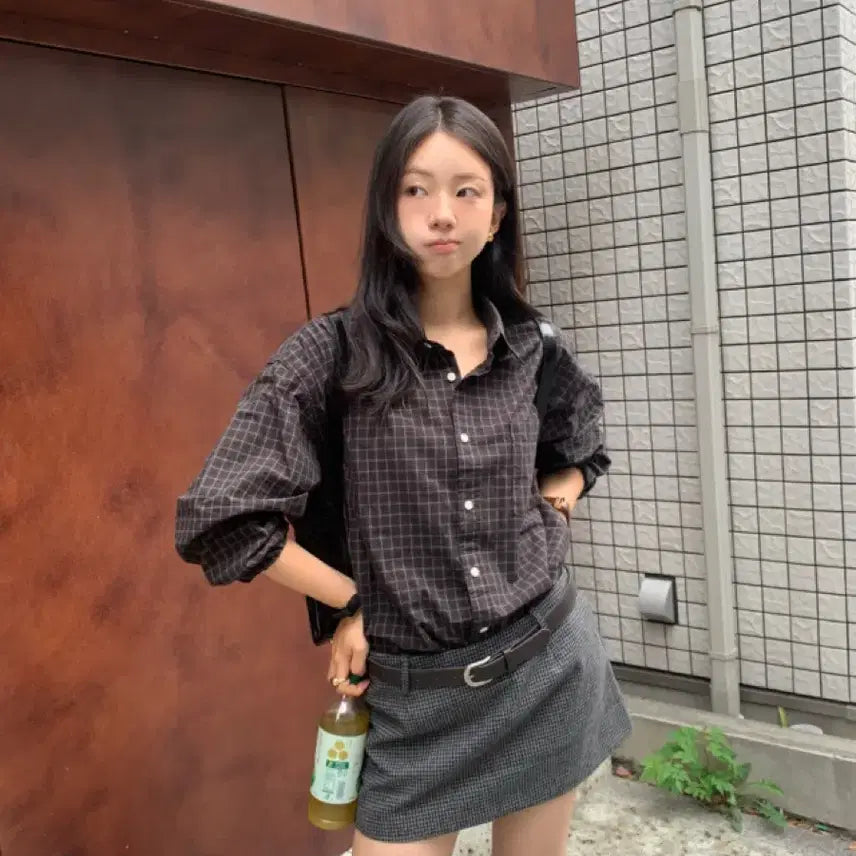 [BUNJANG] Slowly Check Shirt (Brown, M) / 유이니 slowly 체크 셔츠 (브라운, m)
