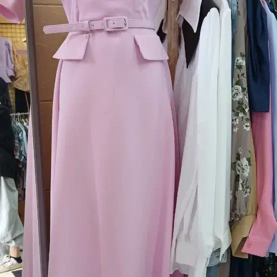 [BUNJANG] Pink Belt Long Dress Suit Style / 핑크 벨트 롱 원피스 정장 스타일