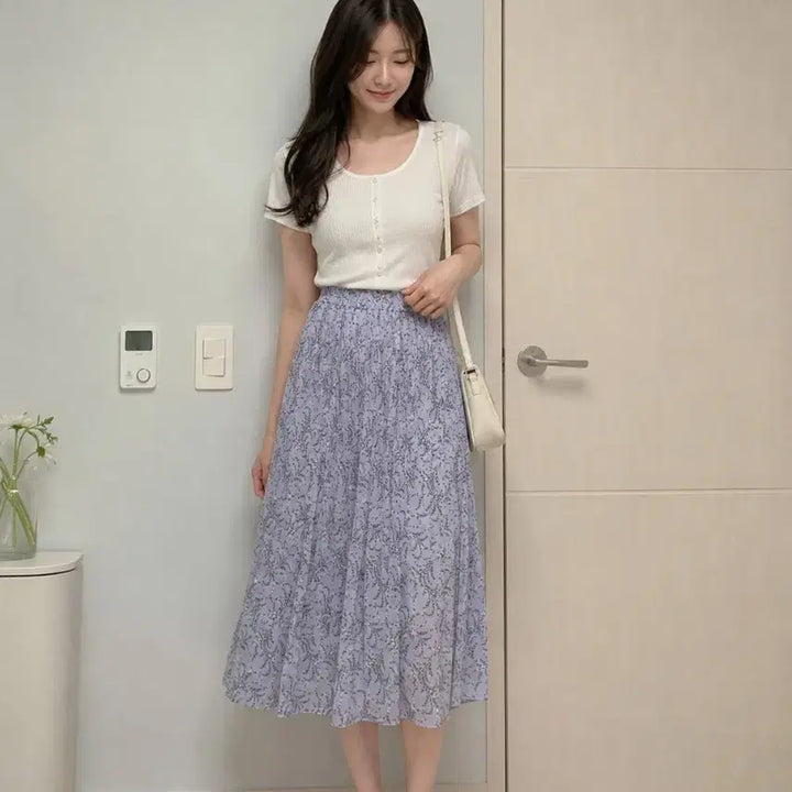 [BUNJANG] Light Purple Floral Pattern Long Pleated Skirt / 연보라 플라워 패턴 롱 플리츠 스커트