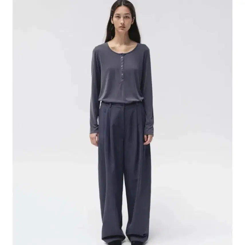 [BUNJANG] MOIA Soft Button Top Dusty Blue / 모이아 소프트 버튼 탑