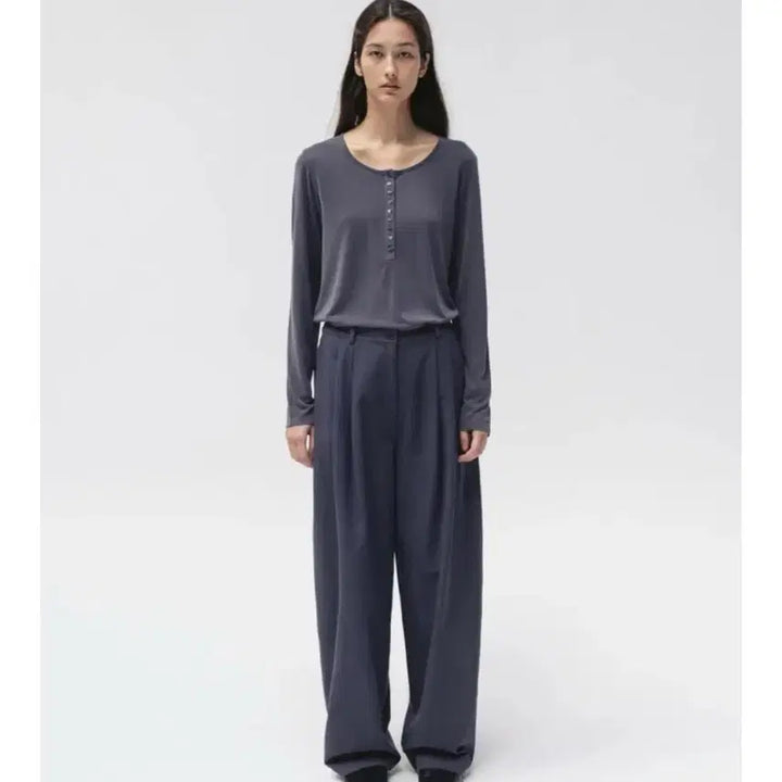 [BUNJANG] MOIA Soft Button Top Dusty Blue / 모이아 소프트 버튼 탑