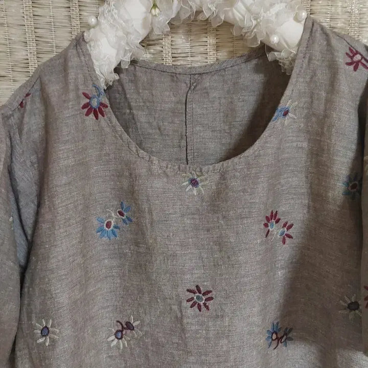 [BUNJANG] Linen Floral Short-Sleeve Long Blouse (Plus Size) / 린넨 꽃무늬 반팔 롱 블라우스 빅사이즈