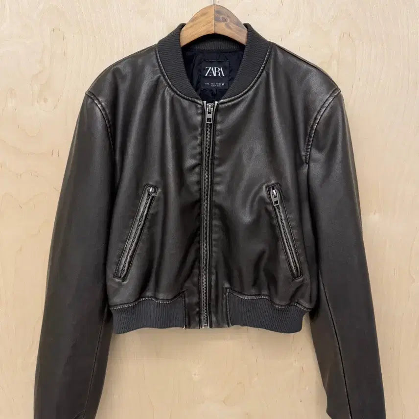 [BUNJANG] Zara Cropped Leather Bomber Jacket Brown / ZARA 크롭 레더 봄버 자켓 브라운