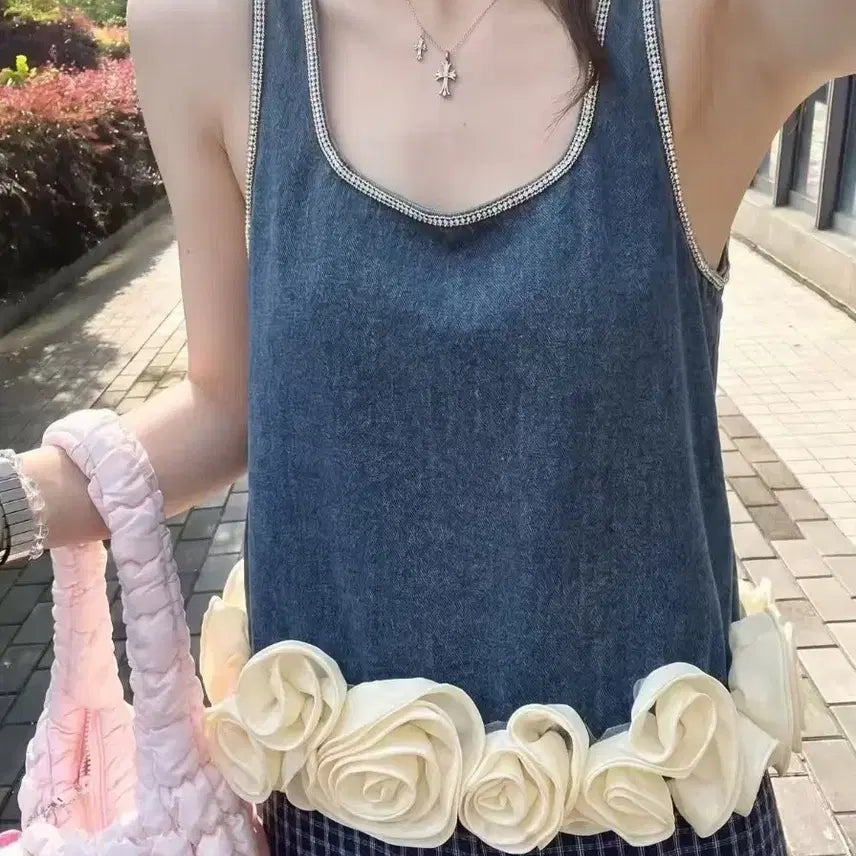 [BUNJANG] Denim Flower Bustier Long Dress / 데님 플라워 뷔스티에 원피스