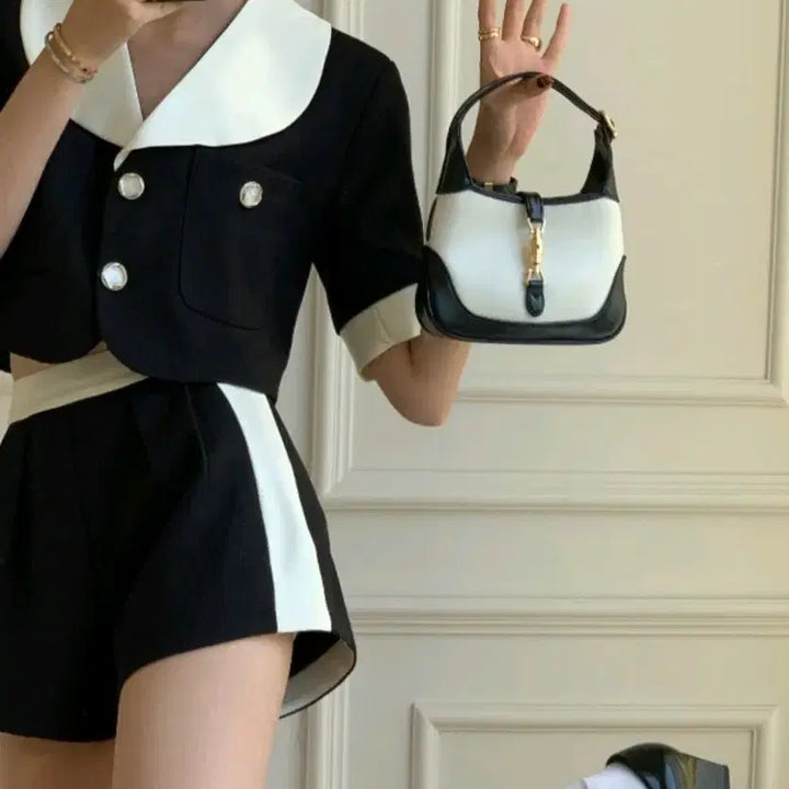 [BUNJANG] Leplat Color-Block Crop Jacket &amp; Pants Set / 르라트 배색 크롭 자켓 &amp; 팬츠 세트