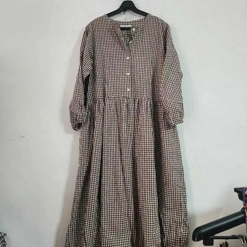 [BUNJANG] Checkered Long Sleeve Maxi Dress / 체크 롱 원피스 긴팔 free 사이즈