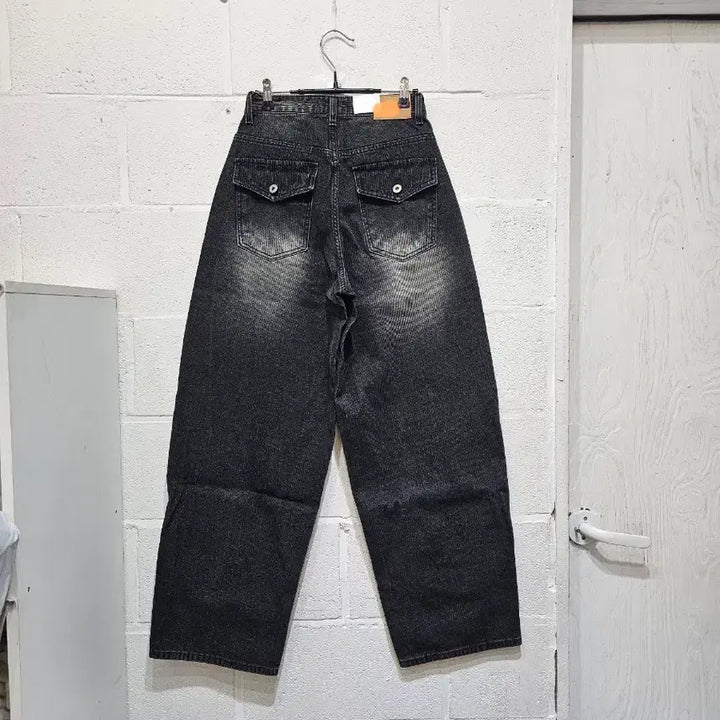 [BUNJANG] Ribbed Wide Leg Jeans - Black Denim / S,M,L사이즈 백포켓 가벼운재질 골지 와이드 흑청(673)