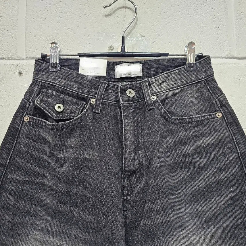[BUNJANG] Ribbed Wide Leg Jeans - Black Denim / S,M,L사이즈 백포켓 가벼운재질 골지 와이드 흑청(673)