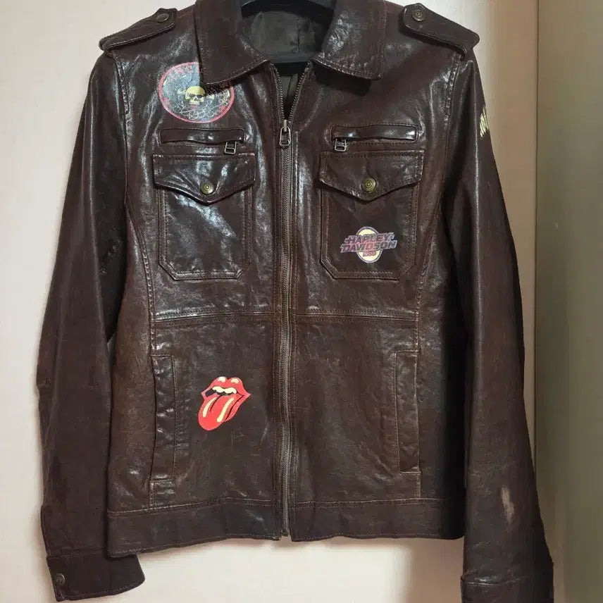 [BUNJANG] Brown Lambskin Leather Jacket with Patch Detail / 브라운 양가죽 자켓 패치 장식