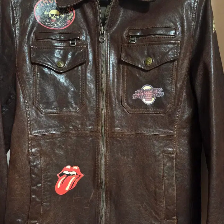 [BUNJANG] Brown Lambskin Leather Jacket with Patch Detail / 브라운 양가죽 자켓 패치 장식