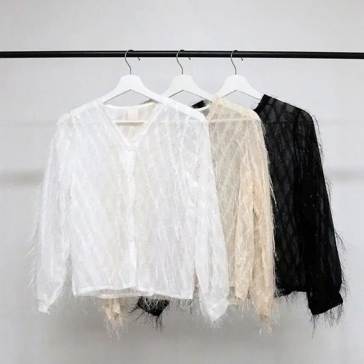 [BUNJANG] Feather-Knit See-Through Blouse Cardigan / 깃털 소재 시스루 블라우스 가디건(화이트,블랙)