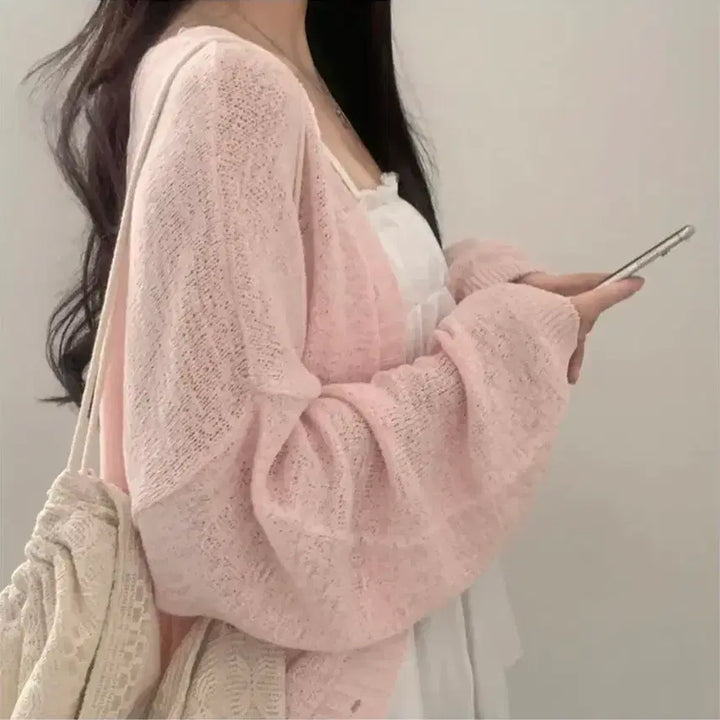 [BUNJANG] Sugar Powder V-Neck Loose Fit Balloon Summer Cardigan / [새상품/원가 3.9] 여리 보호본능핏 브이넥 루즈핏 벌룬 여름 가디건