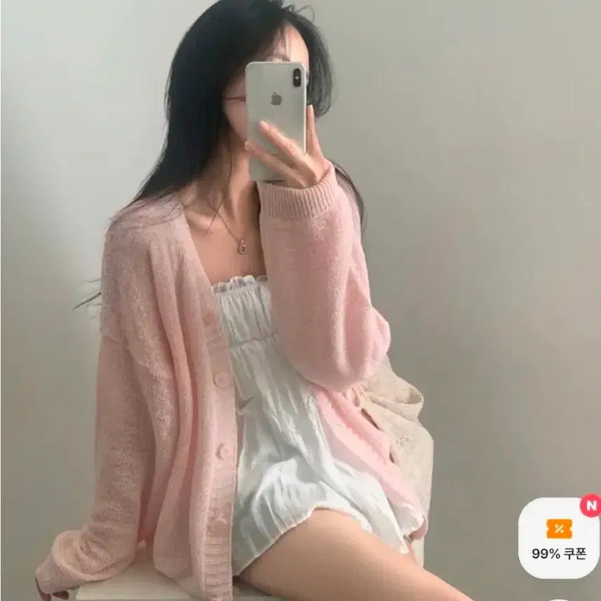[BUNJANG] Sugar Powder V-Neck Loose Fit Balloon Summer Cardigan / [새상품/원가 3.9] 여리 보호본능핏 브이넥 루즈핏 벌룬 여름 가디건