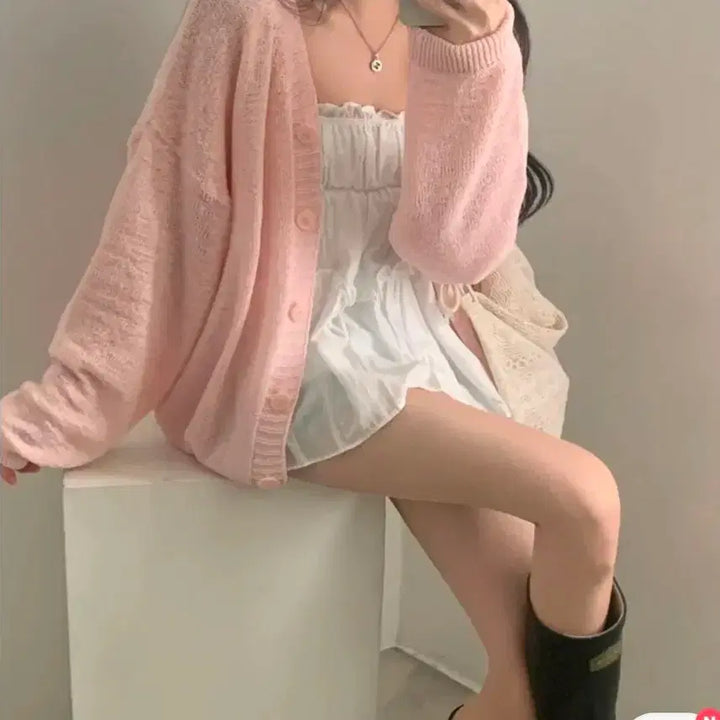 [BUNJANG] Sugar Powder V-Neck Loose Fit Balloon Summer Cardigan / [새상품/원가 3.9] 여리 보호본능핏 브이넥 루즈핏 벌룬 여름 가디건