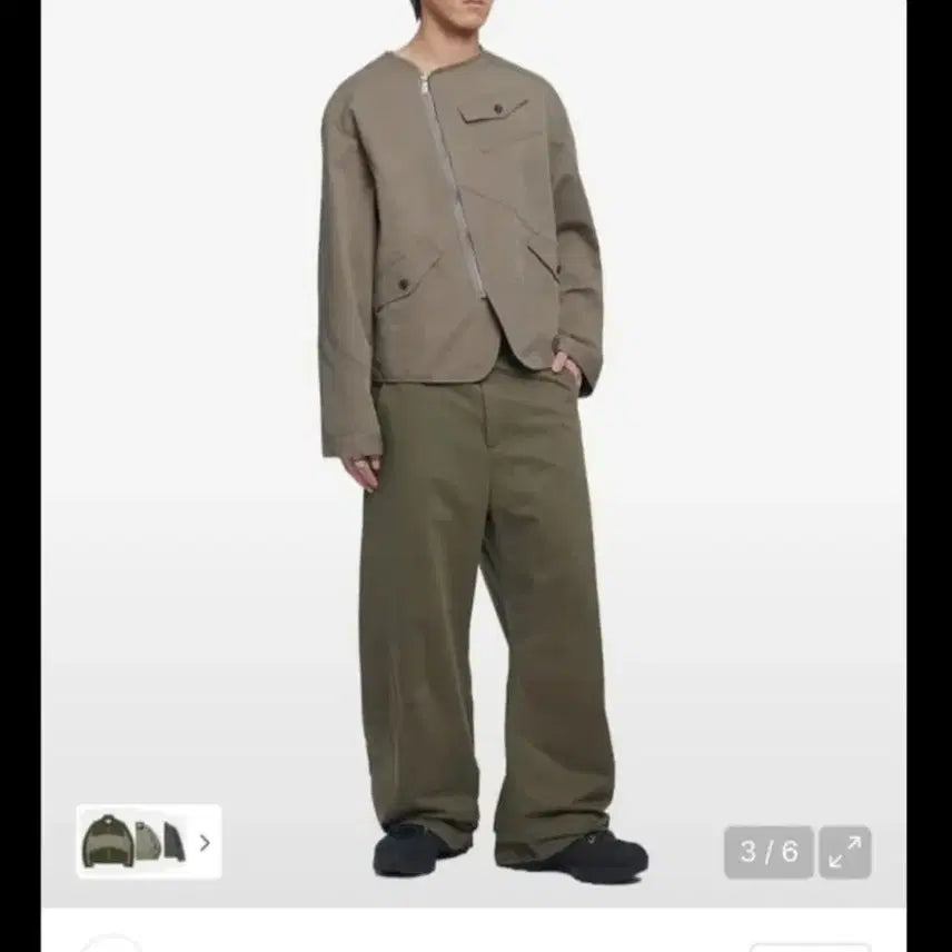 [BUNJANG] Nomaterial Khaki Collarless Jacket / 노매뉴얼 카키색 노카라 자켓