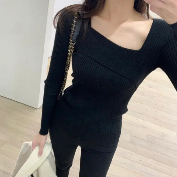 [BUNJANG] Diagonal Square Neck Knit / 렌느 사선 스퀘어넥 니트