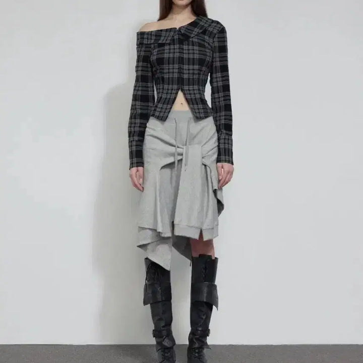 [BUNJANG] Bohemian Seoul One Shoulder Check Blouse / 보헤미안서울 원숄더 슬림핏 체크 셔츠 블라우스 m 판매 오프숄더 보헴서