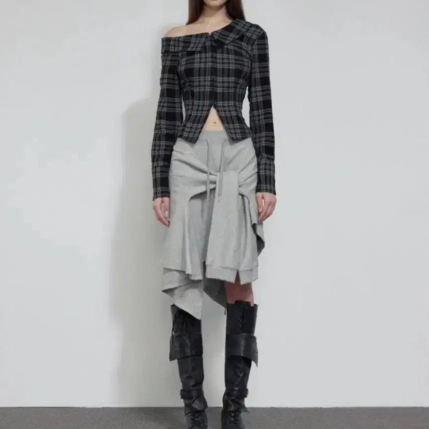 [BUNJANG] Bohemian Seoul One Shoulder Check Blouse / 보헤미안서울 원숄더 슬림핏 체크 셔츠 블라우스 m 판매 오프숄더 보헴서