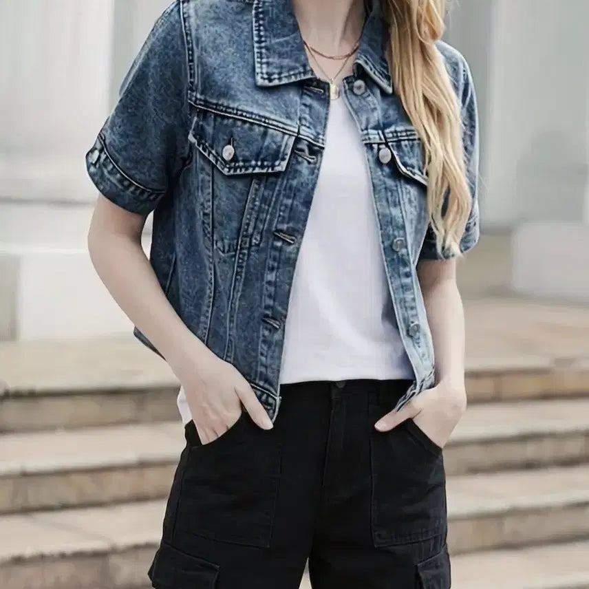 [BUNJANG] Short Sleeve Denim Jacket / 새상품 반팔 청 데님 자켓