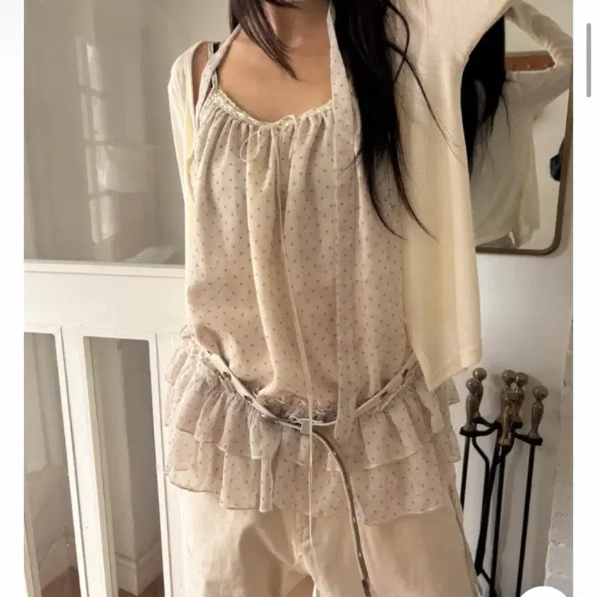 [BUNJANG] Polka Dot Cami + Scarf + Cardigan Set / 간절기템 도트나시+스카프+가디건 세트