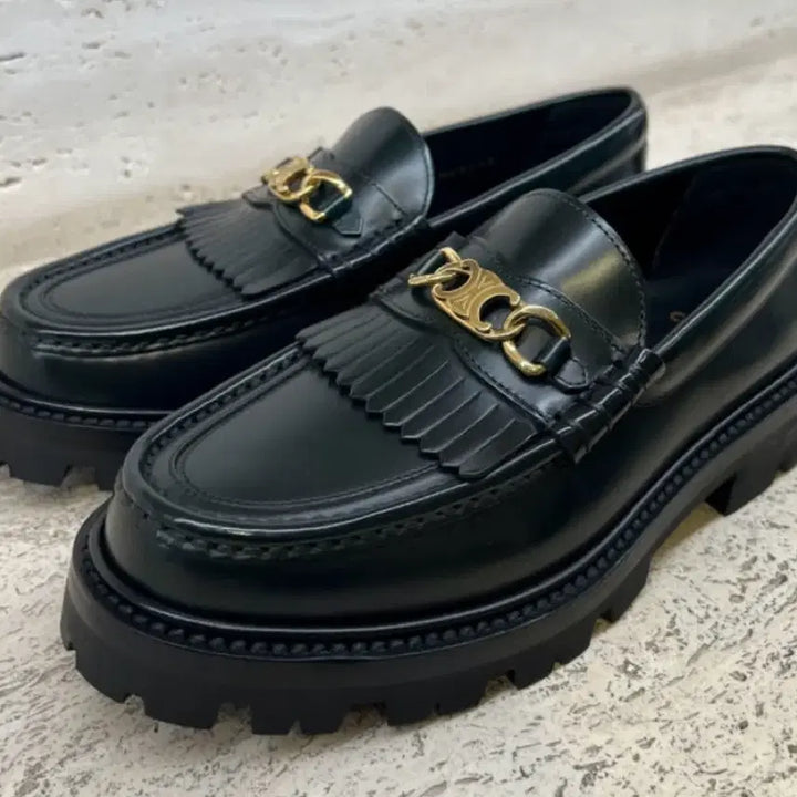 [BUNJANG] Celine Triomphe Chain Loafers Black Leather Size 38.5 / 셀린느 트리옹프 블랙 로퍼 슈즈
