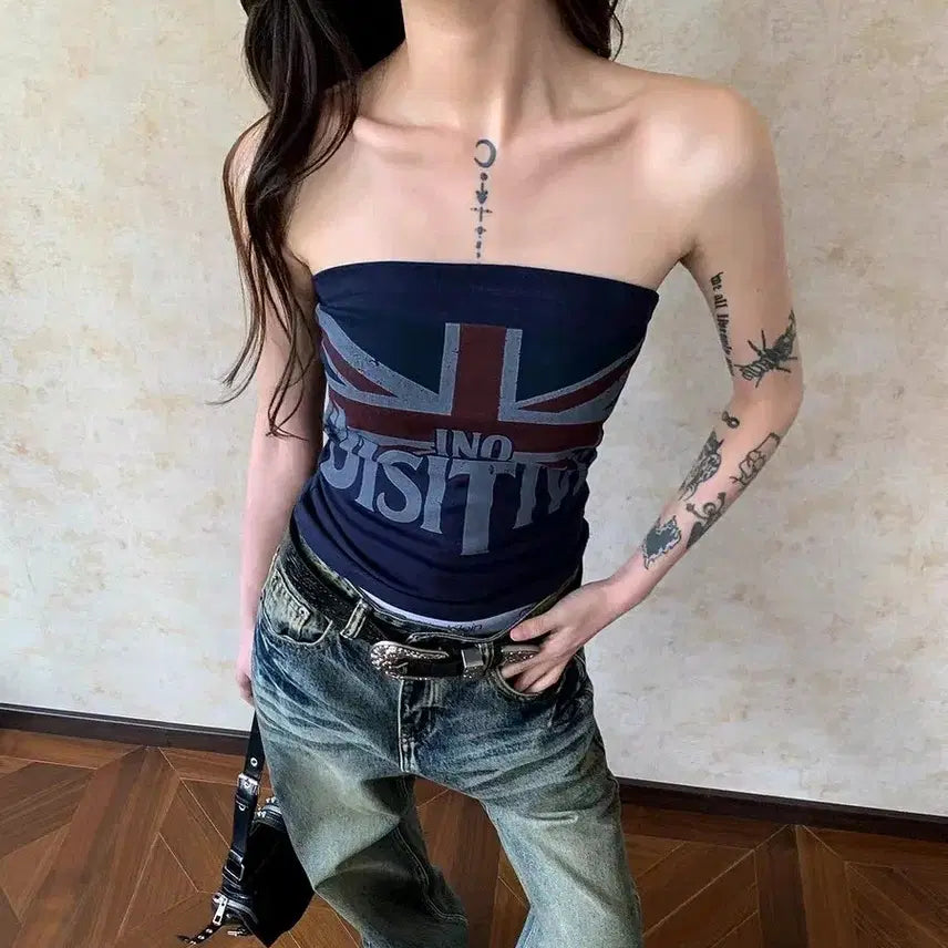 [BUNJANG] Union Jack Crop Tank Top / [2컬러] 크롭탑 크롭나시 네이비 회색 잉글랜드 유니언잭 나시 탱크탑