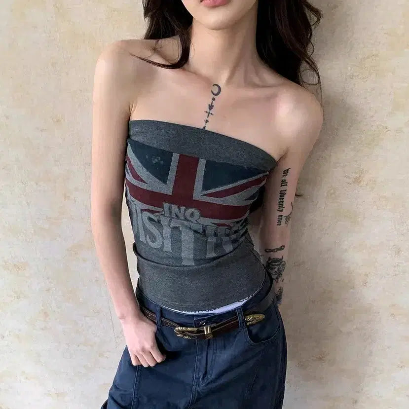 [BUNJANG] Union Jack Crop Tank Top / [2컬러] 크롭탑 크롭나시 네이비 회색 잉글랜드 유니언잭 나시 탱크탑