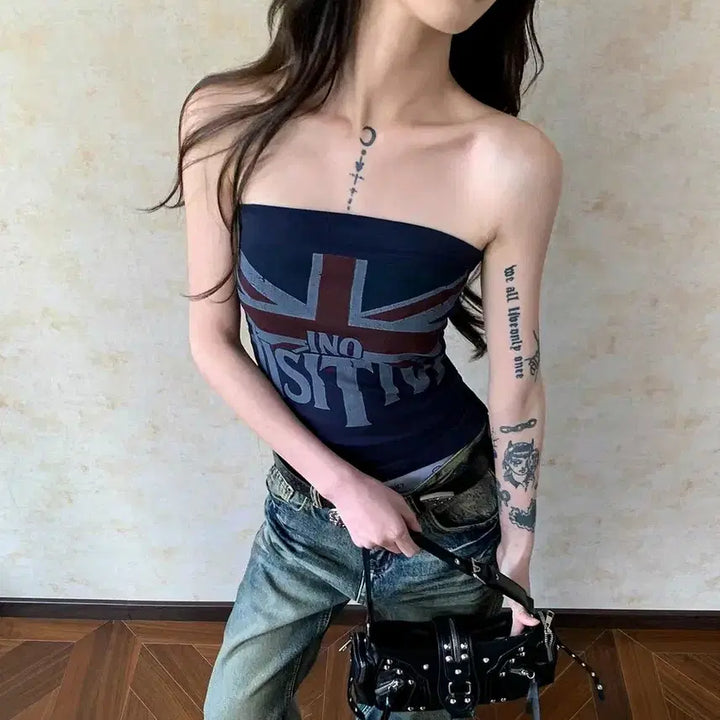 [BUNJANG] Union Jack Crop Tank Top / [2컬러] 크롭탑 크롭나시 네이비 회색 잉글랜드 유니언잭 나시 탱크탑