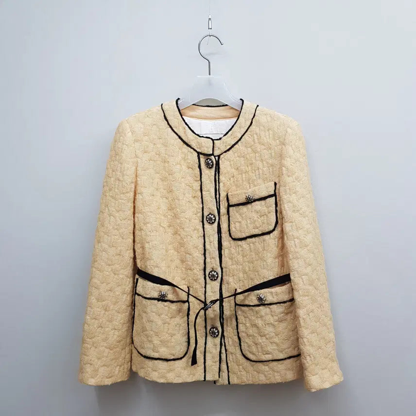 [BUNJANG] Mine 2021 Tweed Color-Blocked Collarless Jacket / 한섬 마인 2021 트위드 배색 노카라 자켓 76-90-155