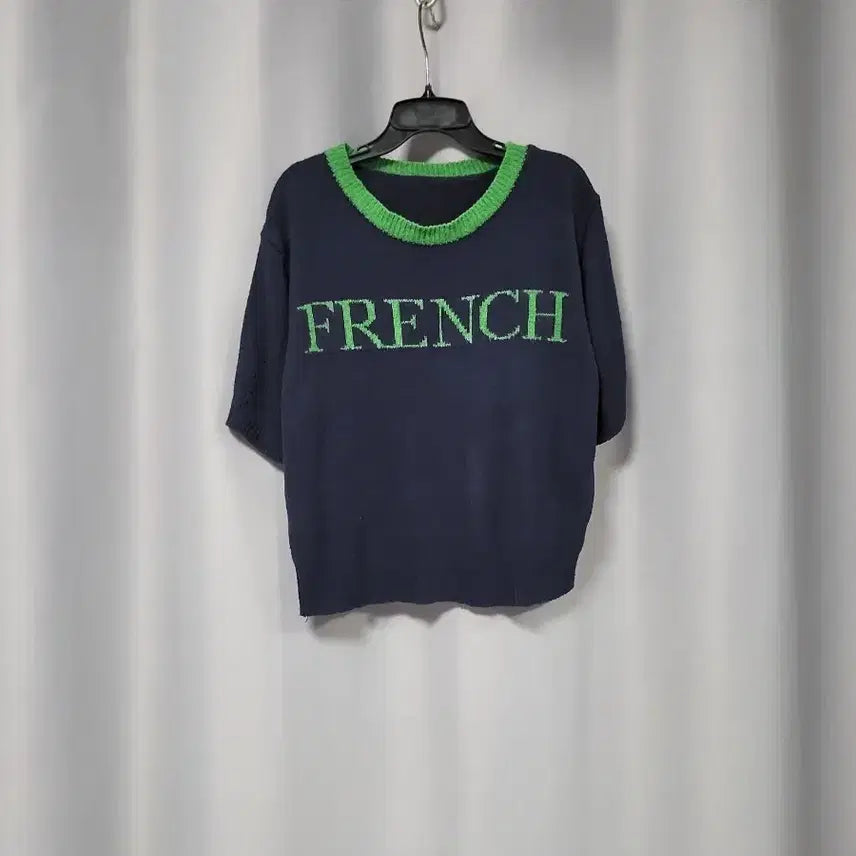 [BUNJANG] French Lettering Short Sleeve Knit Navy / 프렌치 레터링 반팔 니트 네이비