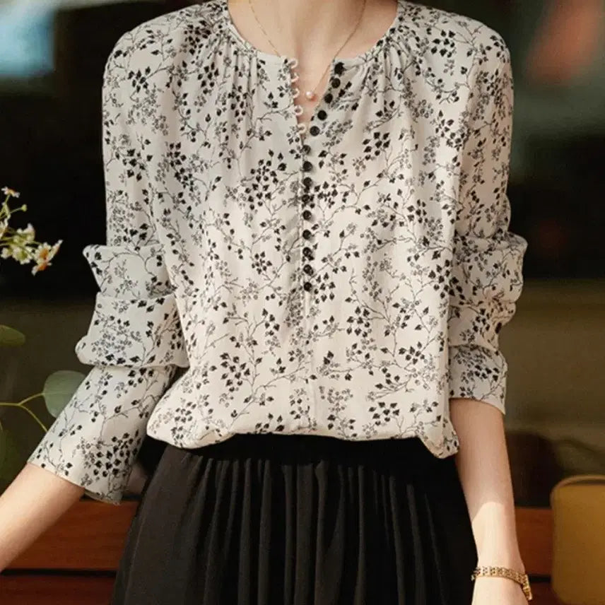 [BUNJANG] Flower Pattern 7/10 Sleeve Blouse / 플라워 패턴 블라우스 7부 소매