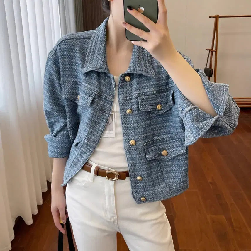 [BUNJANG] Tweed Denim Jacket with Gold Buttons / 트위드 청자켓 금장버튼 데님자켓
