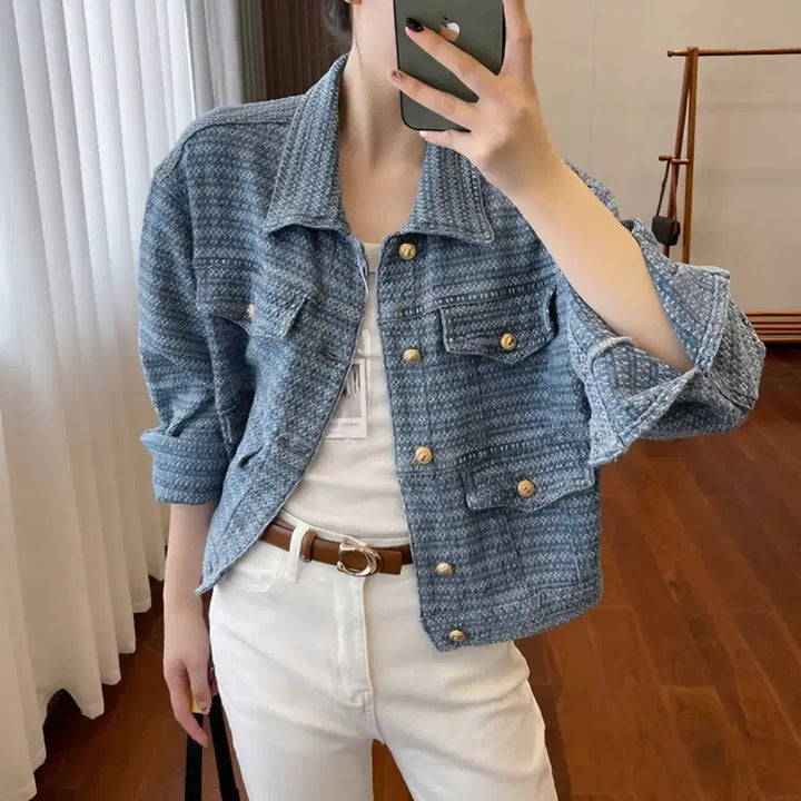 [BUNJANG] Tweed Denim Jacket with Gold Buttons / 트위드 청자켓 금장버튼 데님자켓