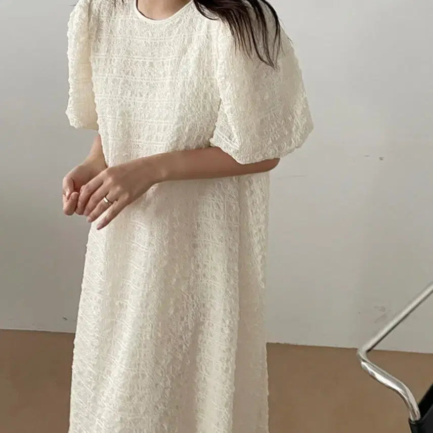 [BUNJANG] Ivory Bubble Long Sleeve Maxi Dress / 아이보리 버블 반팔 롱원피스