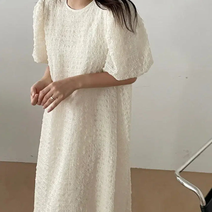 [BUNJANG] Ivory Bubble Long Sleeve Maxi Dress / 아이보리 버블 반팔 롱원피스