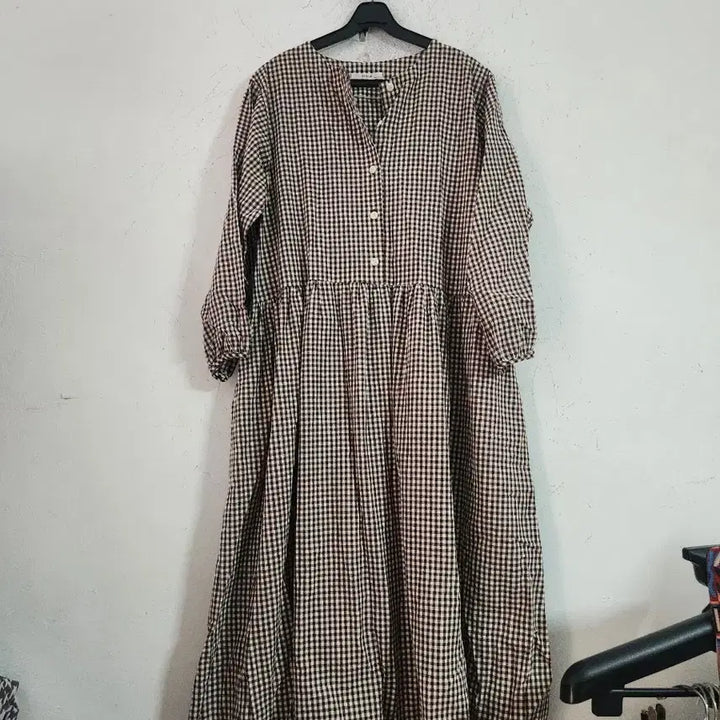 [BUNJANG] Checkered Long Sleeve Maxi Dress / 체크 롱 원피스 긴팔