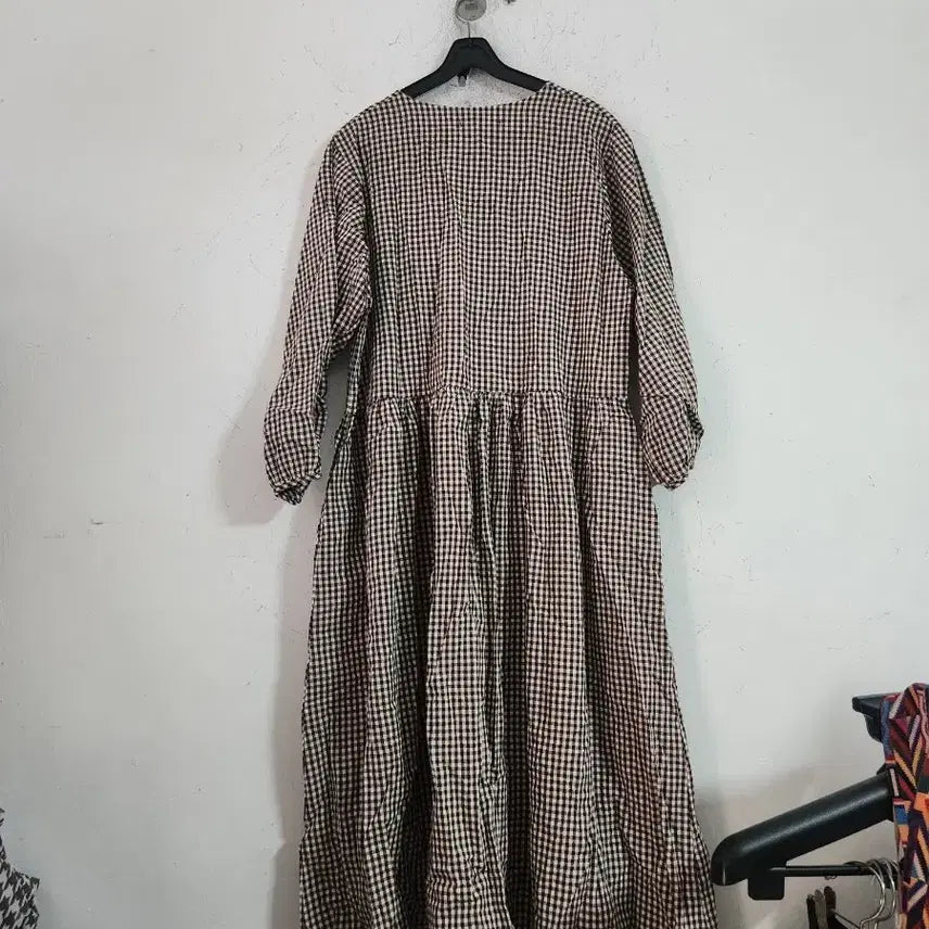 [BUNJANG] Checkered Long Sleeve Maxi Dress / 체크 롱 원피스 긴팔