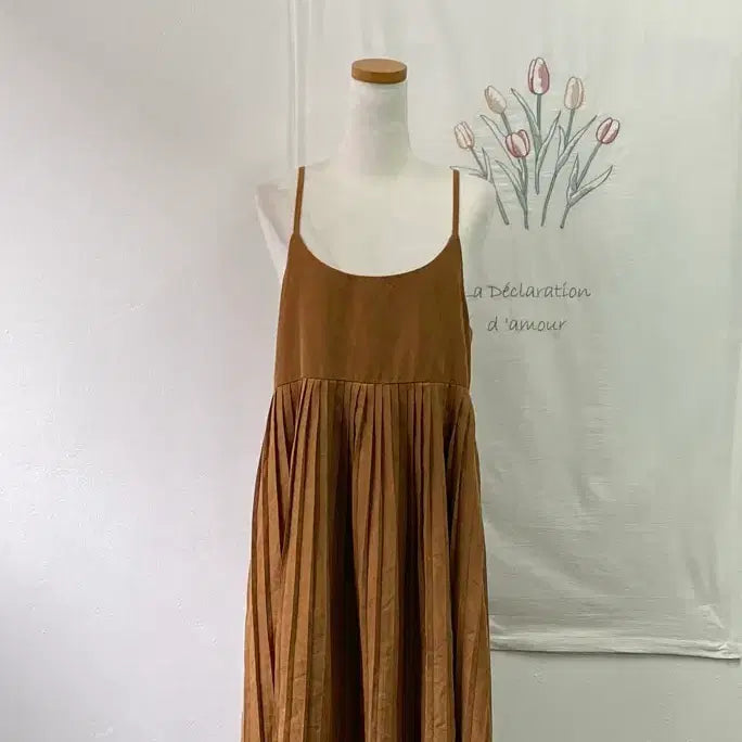 [BUNJANG] Camel Pleated Bustier Midi Dress / 카멜 플리츠 뷔스티에 미디 원피스