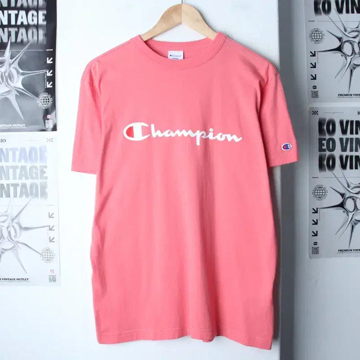 [BUNJANG] Champion Big Logo T-Shirt Pink / (L) 챔피온 반팔 티셔츠 빅로고 핑크 올드스쿨-757F