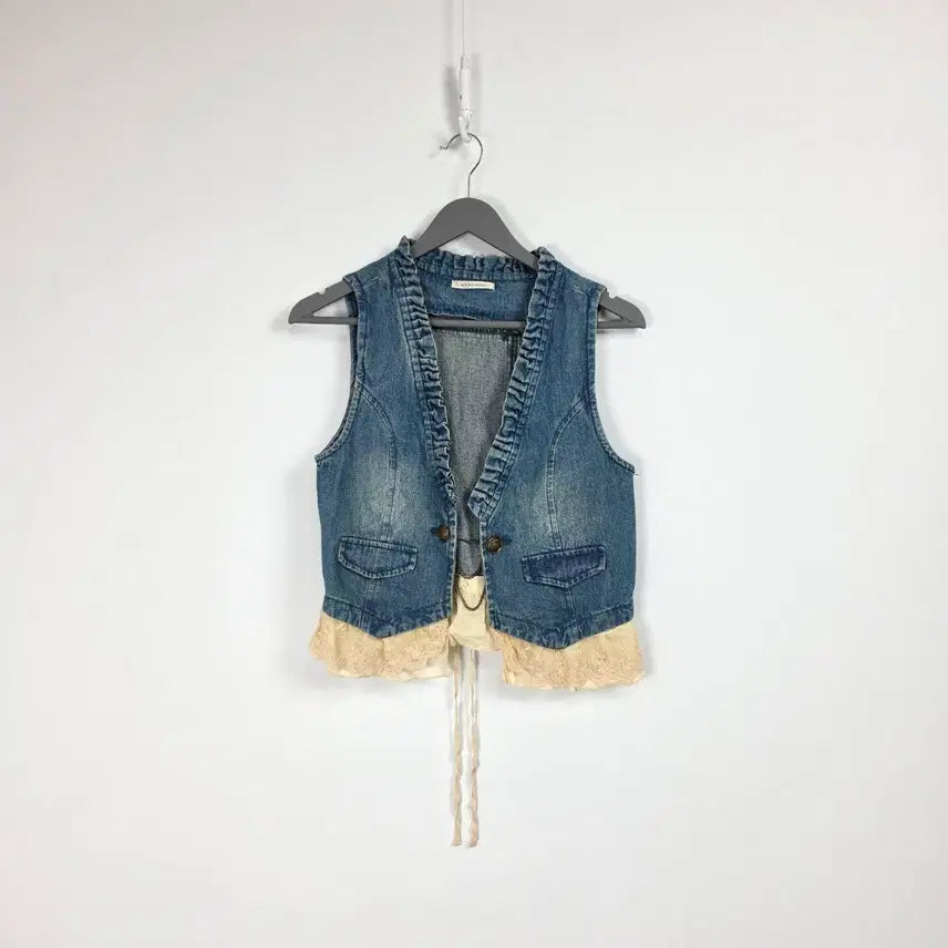 [BUNJANG] Vintage Denim Layered Lace Vest / 악세스 일본 빈티지 데님 레이어드 레이스 조끼 여 90. 0512