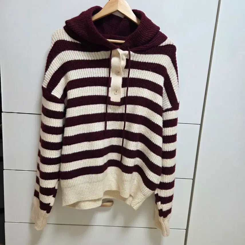 [BUNJANG] Oversized Hooded Knit Burgundy Stripe / (실착1회) 후드 니트 버건디 스트라이프 오버핏